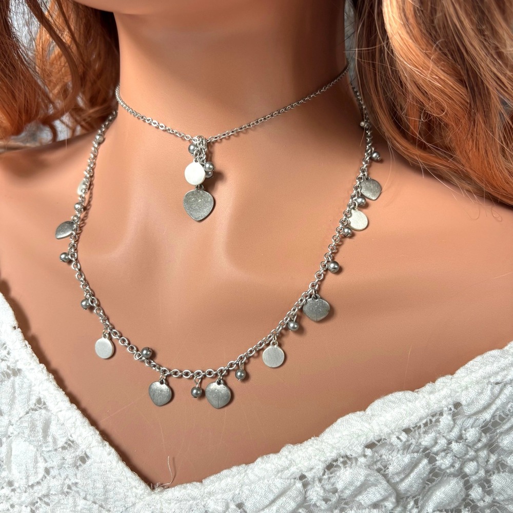 Edgy Layered Choker Necklace Silver Tone Heart Disc Charm Boho Whimsigoth 21869